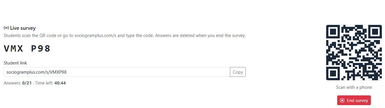 Live classroom survey with a code and QR for students